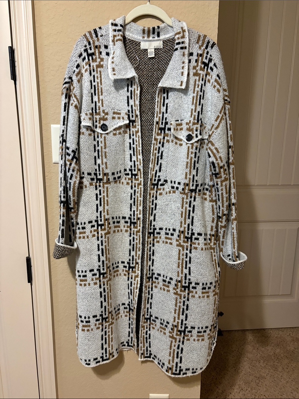 Plaid Textured Long Cardigan - White, Black & Brown